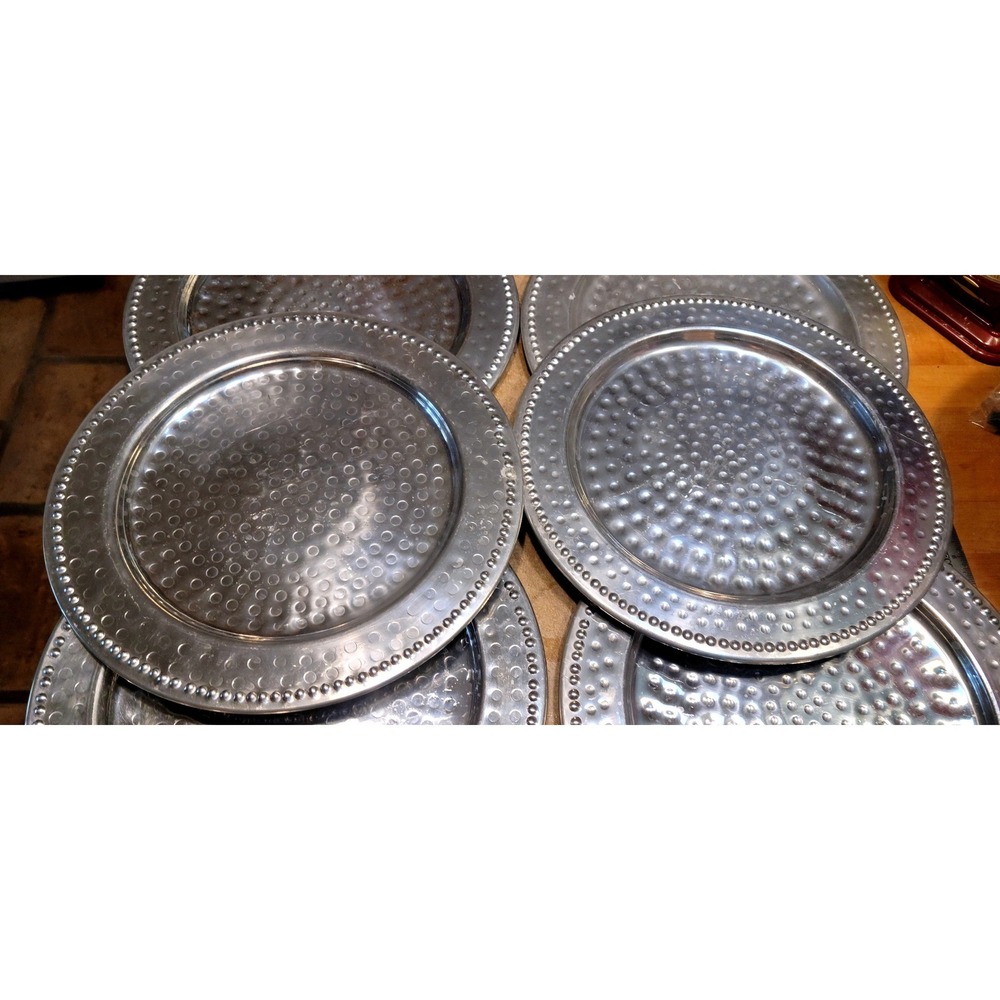 Silver Metal Charger Plates Set of 6 Hammered Center Beaded Rim 13 Inch Round